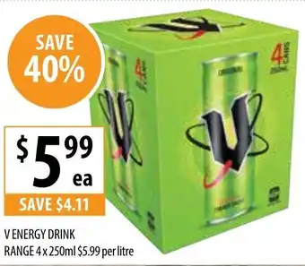 Supabarn V Energy Drink Range 4x 250ml $5,99 per litre offer