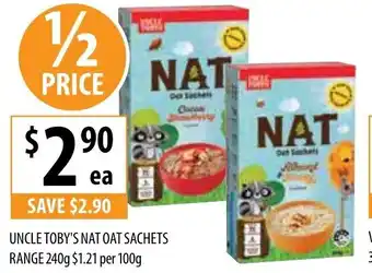Supabarn Uncle Toby's Nat Oat Sachets Range 240g $1,21 per 100g offer