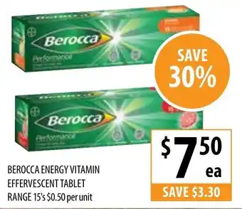 Supabarn Berocca Energy Vitamin Effervescent Tablet Range 15's $0,50 per unit offer