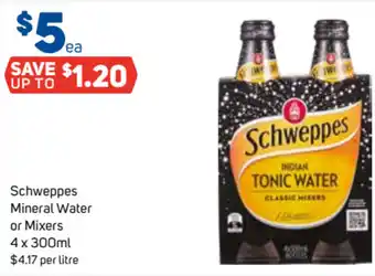 Foodland Schweppes Mineral Water or Mixers 4 x 300ml $4.17 per litre offer