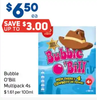 Foodland Bubble O'Bill Multipack 4s $1.61 per 100ml offer