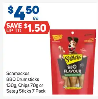 Foodland Schmackos BBQ Drumsticks 130g, Chips 70g or Satay Sticks 7 Pack offer