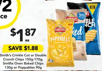 Drakes Smith's Crinkle Cut or Double Crunch Chips 150g-170g, Smiths Oven Baked Chips 130g or Poppables 90g offer
