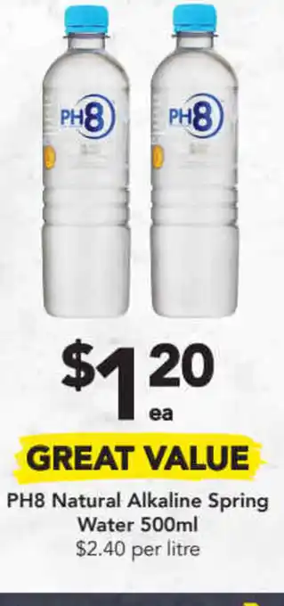 Drakes PH8 Natural Alkaline Spring Water 500ml $2.40 per litre offer