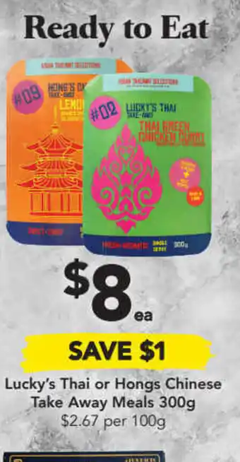 Drakes Lucky's Thai or Hongs Chinese Take Away Meals 300g $2.67 per 100g offer