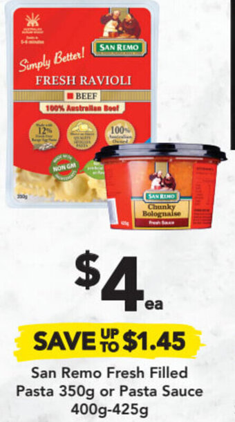 Drakes San Remo Fresh Filled Pasta 350g or Pasta Sauce 400g-425g offer