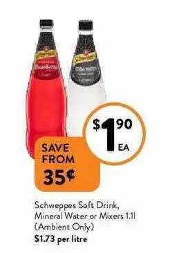Foodworks Schweppes Soft Drink, Mineral Water Or Mixers 1.1L offer
