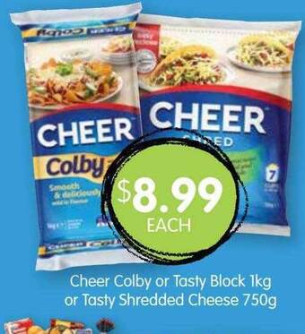 Spudshed Cheer Colby Or Tasty Block 1kg Or Tasty Shredded Cheese 750g offer