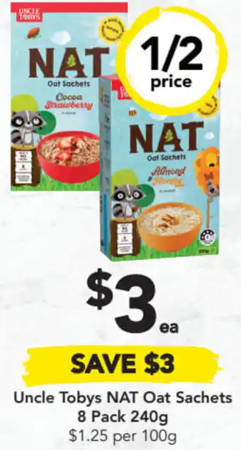 Drakes Uncle Tobys NAT Oat Sachets 8 Pack 240g $1.25 per 100g offer