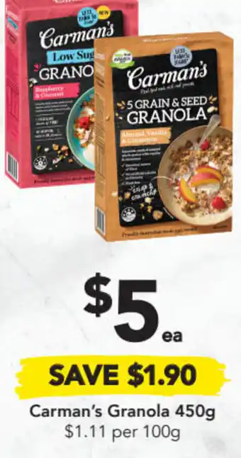 Drakes Carman's Granola 450g $1.11 per 100g offer