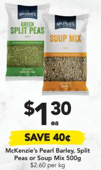Drakes McKenzie's Pearl Barley, Split Peas or Soup Mix 500g $2.60 per kg offer