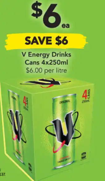 Drakes V Energy Drinks Cans 4x250ml $6.00 per litre offer