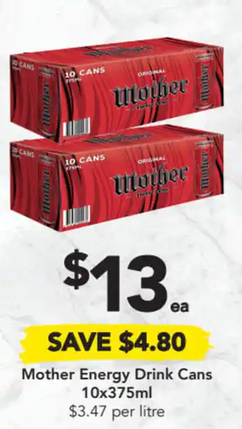 Drakes Mother Energy Drink Cans 10x375ml $3.75 per litre offer