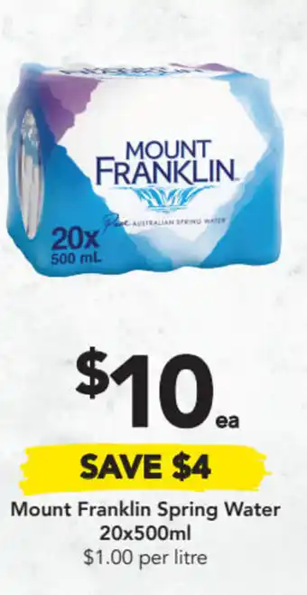 Drakes Mount Franklin Spring Water 20x500ml $1.00 per litre offer