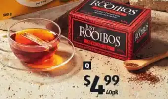 ALDI Just Rooibos African Tea Bags 40pk/100g $4.99 per 100g offer