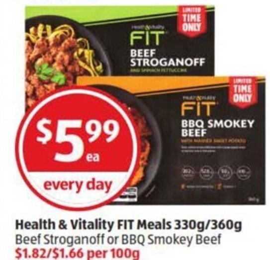 Health & Vitality FIT Meals 330g/360g Beef Stroganoff or BBQ Smokey Beef offer at ALDI
