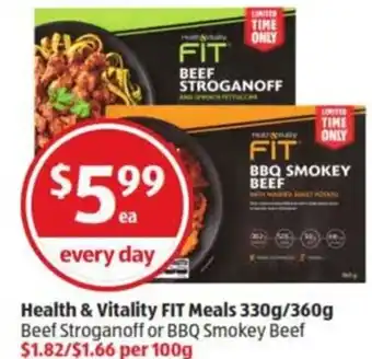 ALDI Health & Vitality FIT Meals 330g/360g Beef Stroganoff or BBQ Smokey Beef offer