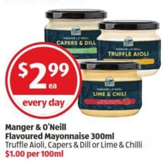Manger & O'Neill Flavoured Mayonnaise 300ml Truffle Aioli, Capers
