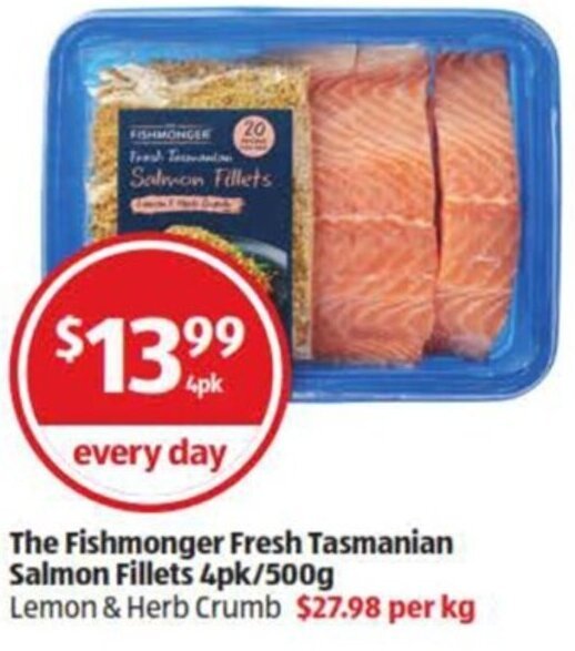The Fishmonger Fresh Tasmanian Salmon Fillets 4pk/500g Lemon & Herb