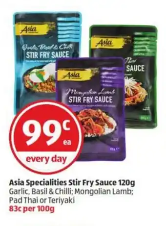 ALDI Asia Specialties Stir Fry Sauce 120g Garlic, Basil & Chili; Mongolian Lamb, Pag thai or teriyaki offer