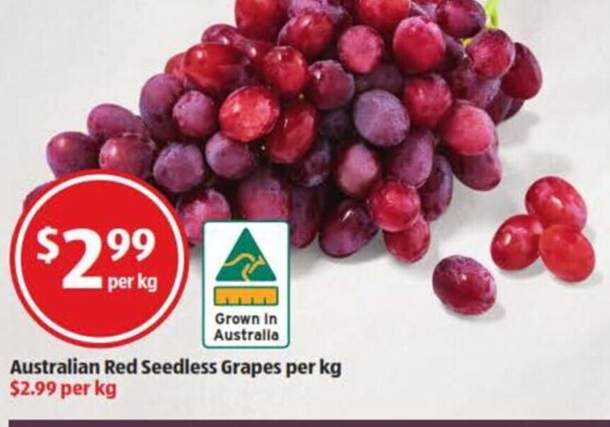Australian Red Seedless Grapes per kg 2.99 per kg offer at ALDI