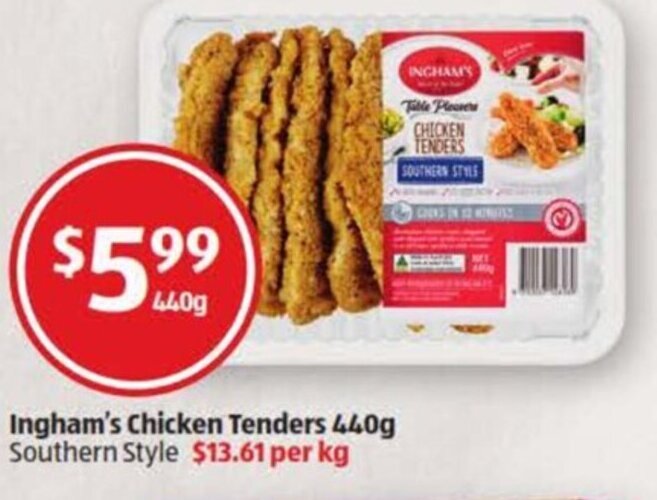 Ingham's Chicken Tenders 440g Southern Style 13.61 per kg offer at ALDI