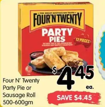 Spar Four N Twenty Party Pei or Sausage Roll 500-600gm offer