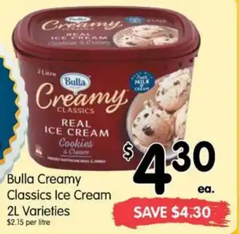 Spar Bulla Creamy Classics Ice Cream 2L Varieties $2,15 per litre offer