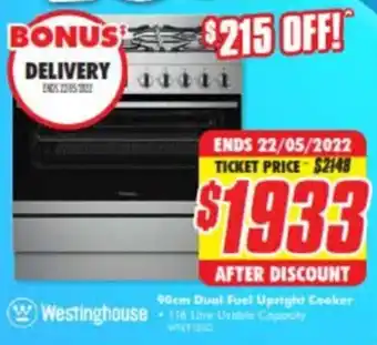 The Good Guys Westinghouse 90cm Dual Fuel Upright Cooker WTEY55SO offer