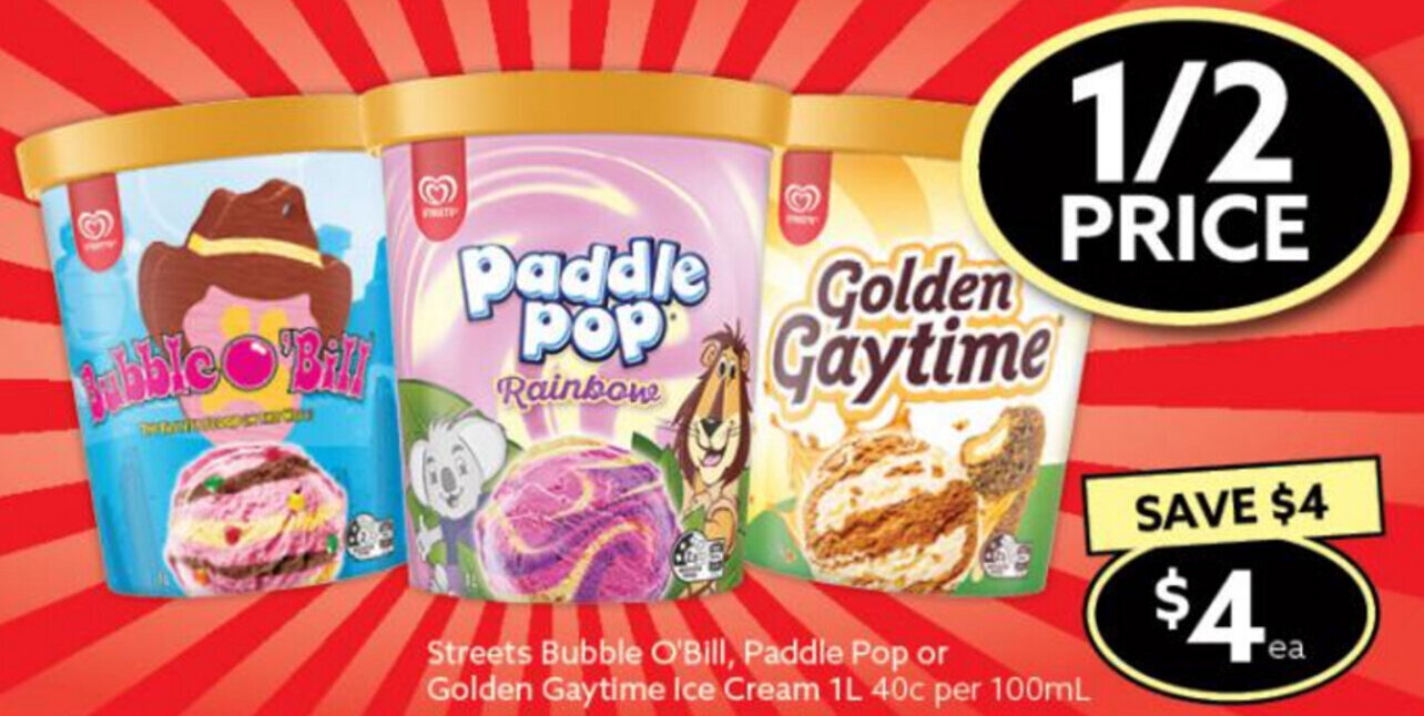 Streets Bubble O'Bill,Paddle Pop or Golden Gaytime Ice Cream 1L offer