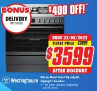 The Good Guys Westinghouse 90cm Dual Fuel Pyrolytic Upright Cooker WFEP917D5D offer