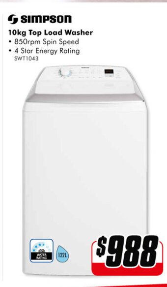 The Good Guys SIMPSON - 10kg Top Load Washer offer