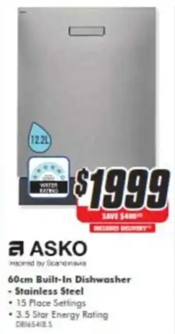The Good Guys ASKO 60cm Built-In Dishwasher - Stainless Steel DBI6541B.S offer