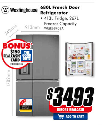 The Good Guys Westinghouse - 680L French Door Refrigerator offer