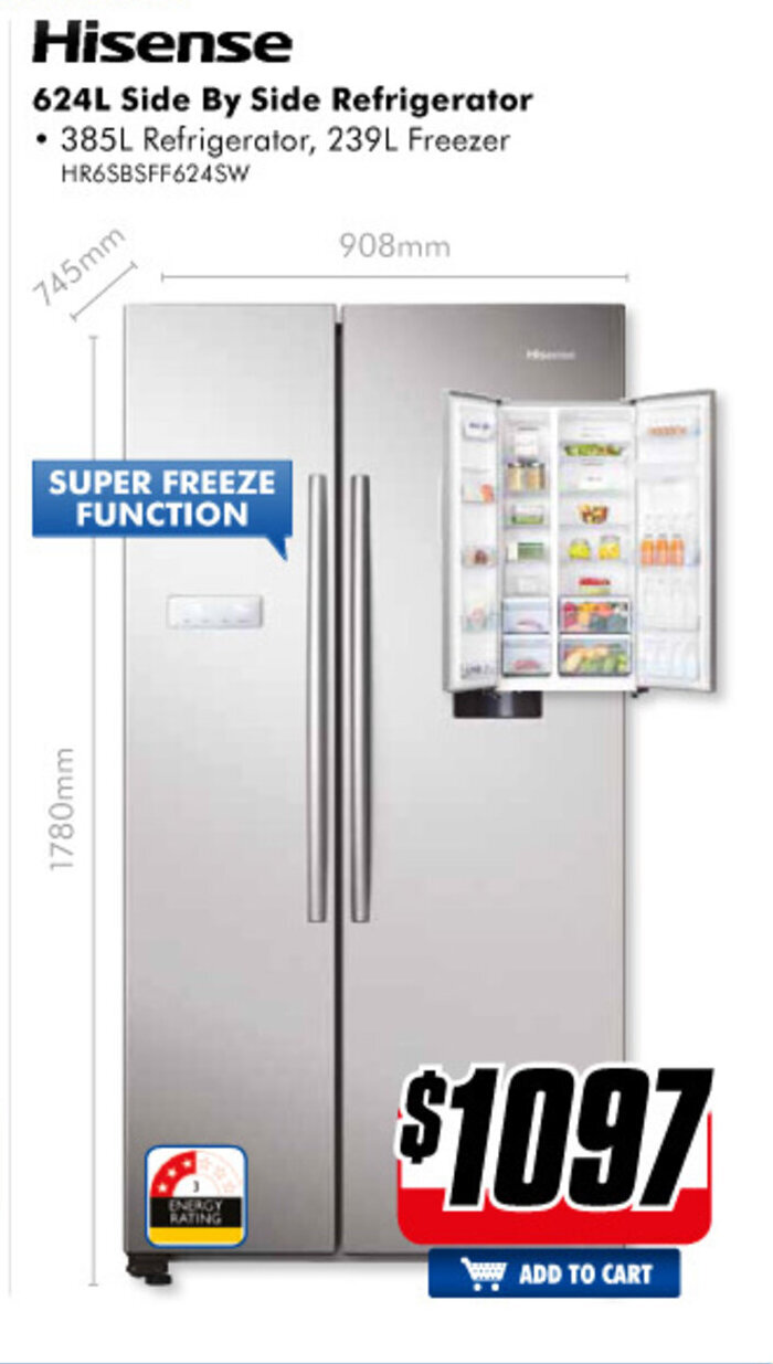 Hisense 624L Side by Side Refrigerator offer at The Good Guys