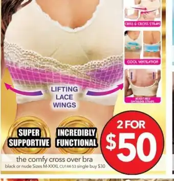 The Comfy Cross Over Bra - Black or Nude Sizes M-XXXL CU144-53