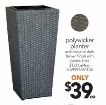 Cheap as Chips Polywicker Planter Anthracite or Dark Brown Finish with Plastic Liner HA9993/HP104 offer