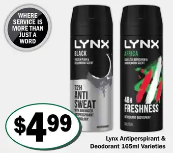 Friendly Grocer Lynx Antiperspirant & Deodorant 165ml Varieties offer