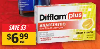 Cincotta Chemist Difflam Plus Anaesthetic Sore Throat Honey & Lemon Lozenges 16 Pack offer