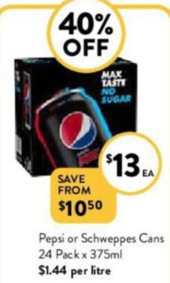 Foodworks Pepsi or Schweppes Cans 24 Pack x 375ml offer