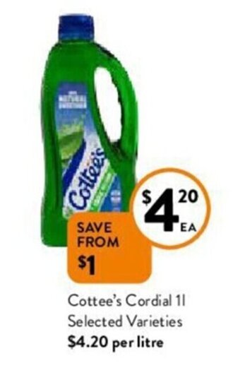 Foodworks Cottee's Cordial 1l Selected Varieties offer