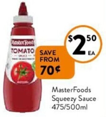 Foodworks MasterFoods Squeezy Sauce 475/500ml offer