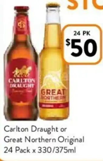 Carlton Draught or Great Northern Original 24 Pack x 330/375ml