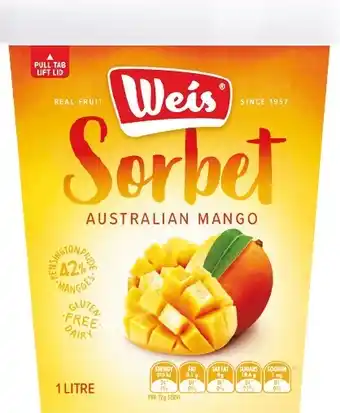 Woolworths Weis Sorbet, Frozen Yoghurt or Real Good, Feel Good Tubs 1 Litre offer