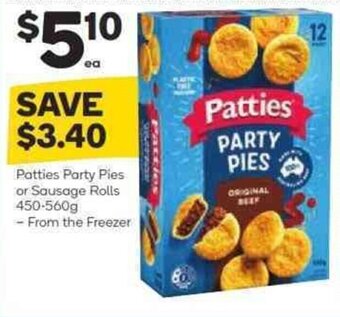Woolworths Patties Party Pies or Sausage Rolls 450-560g - From the Freezer offer