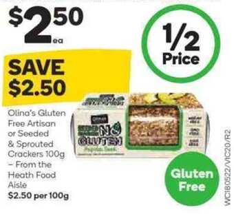 Woolworths Olina's Gluten Free Artisan or Seeded & Sprouted Crackers 100g - From the Health Food Aisle offer