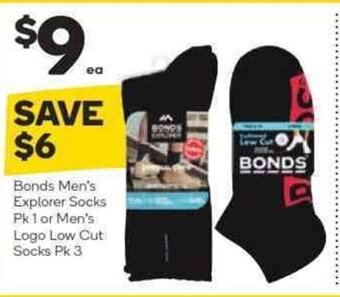 Woolworths Bonds Men's Explorer Socks Pk 1 or Men's Logo Low Cut Socks Pk 3 offer