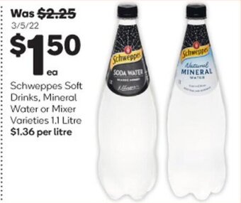 Woolworths Schweppes Soft Drinks, Mineral Water or Mixer Varieties 1.1 Litre offer