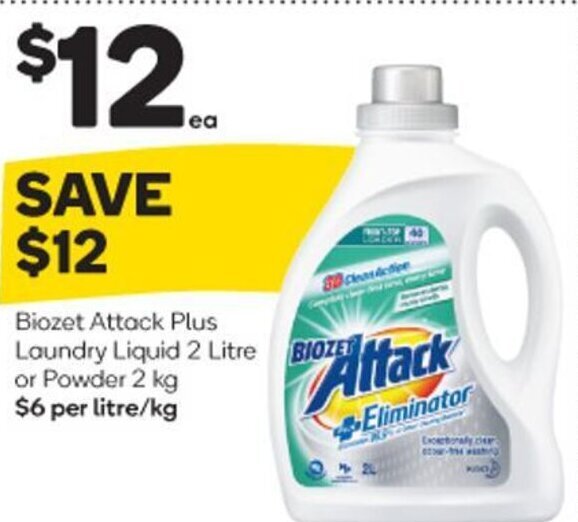 Biozet Attack Plus Laundry Liquid 2 Litre or Powder 2 kg offer at Woolworths