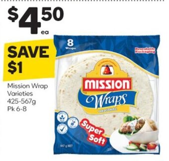 Woolworths Mission Wraps Varieties 425-567g Pk 6-8 offer